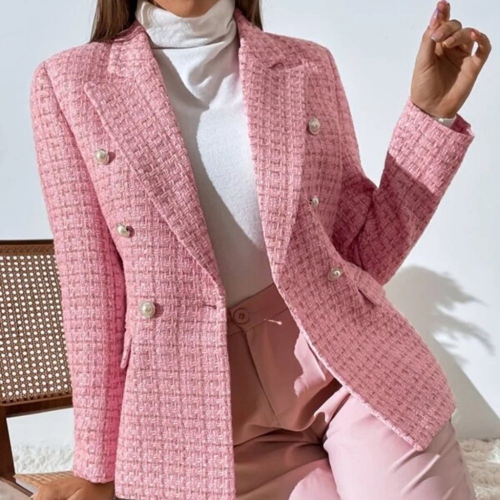 Pink Tweed Plaid Double Breasted Blazer